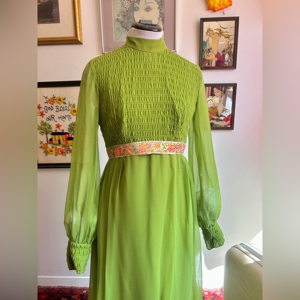 1970s Chartreuse Chiffon Victorian Medieval Revival Maxi Dress Gown